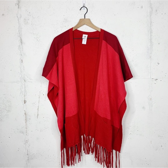 Cabi Firebrick Brick Red Color Block Fringe Hem Poncho Shawl XS - Picture 1 of 8